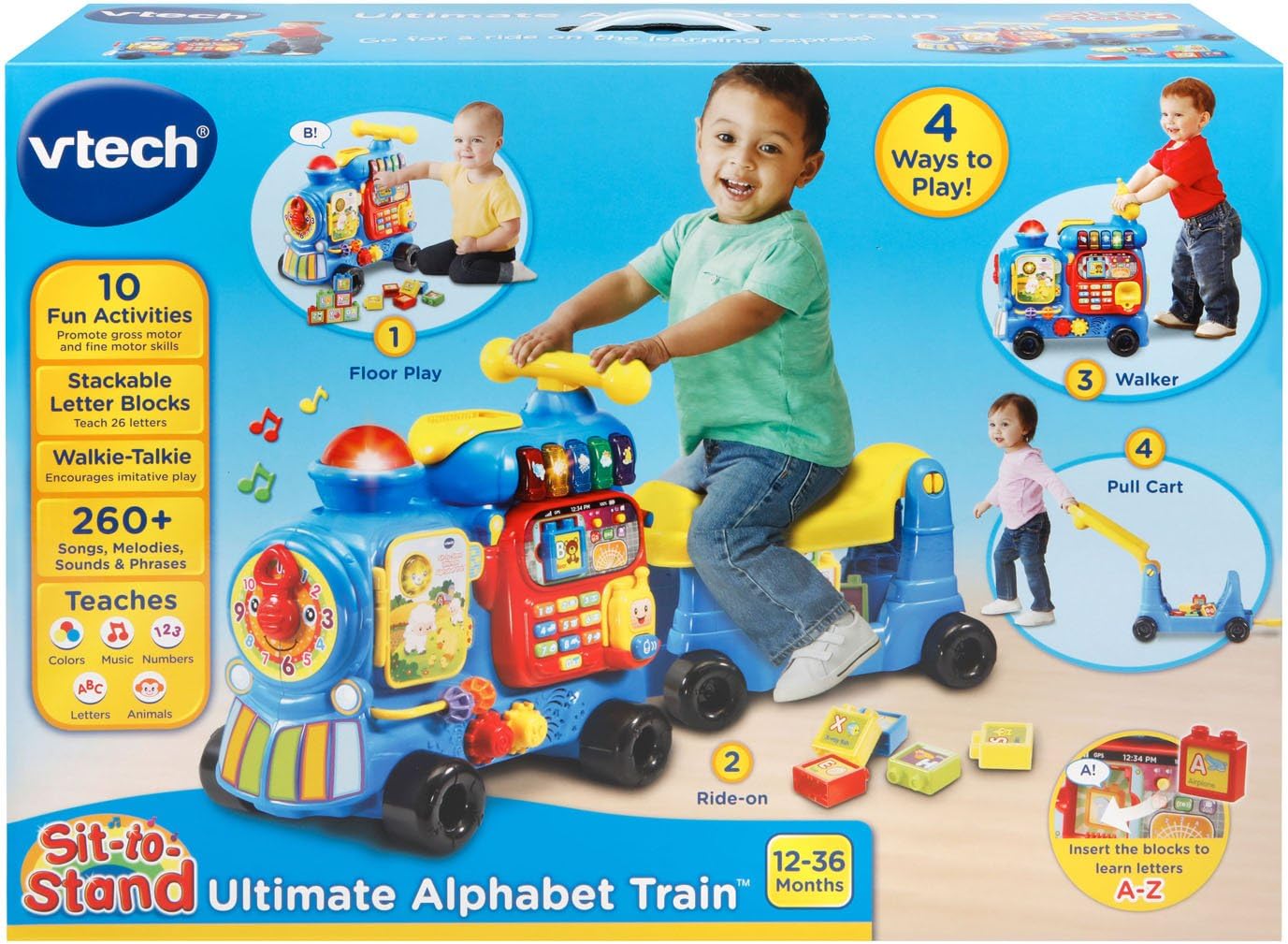 VTech Sit-to-Stand Ultimate Alphabet Train, Blue | Interactive Ride-On Learning Train with Alphabet Blocks, Music, Numbers, Phonics & Educational Activities for Toddlers