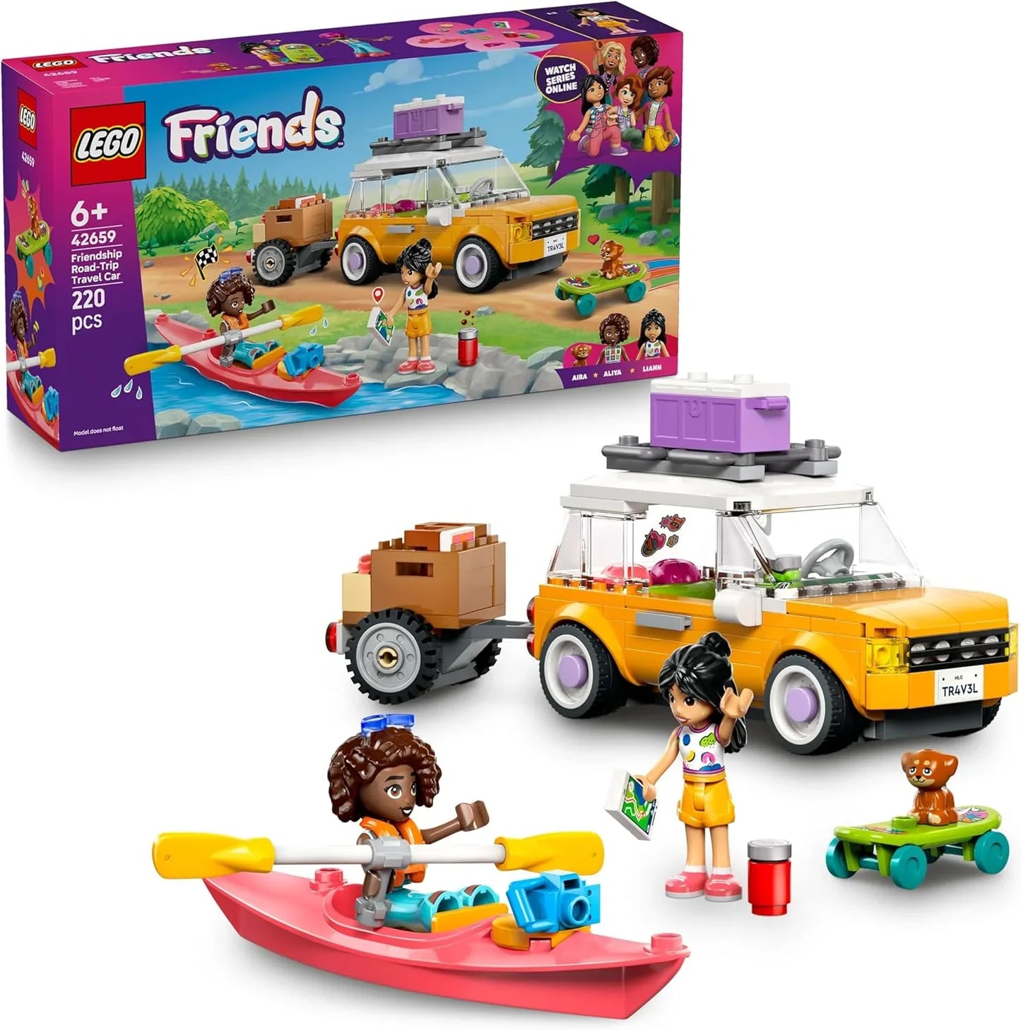 LEGO Friends 42659 Friendship Road-Trip Travel Car Toy with Trailer, 2 Mini Dolls, a Pet Dog Figure, Kayak & Fun Accessories incl. a Skateboard & Roller Skates - Building Set for 6+ Year Old Girls