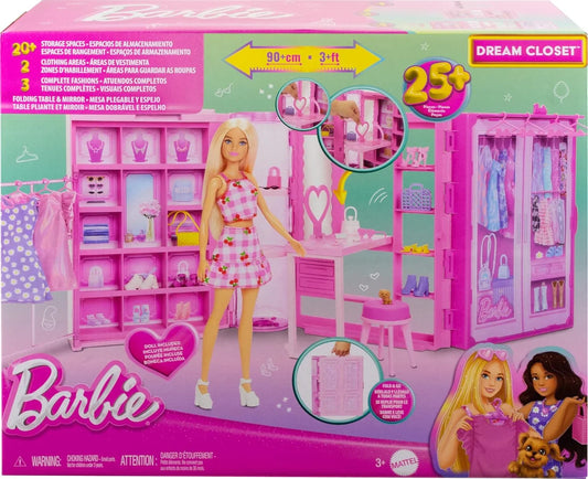 Barbie Dream Closet Toy Playset with Blonde Fashion Doll, Clothes & Accessories, 3-ft-Wide with 25+ Pieces, 3 Complete Looks - Jaiman Toys