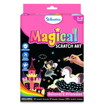 Skillmatics Paper Magical Scratch Art Book - Unicorns & Princesses, Craft Kits, Diy Activity & Stickers, Gifts For Girls & Boys Ages 3, 4, 5, 6, 7, 8, Multicolour