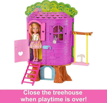 Barbie Chelsea Doll & Treehouse Playset with Pet Puppy – Dollhouse with Furniture, Slide & 10+ Accessories