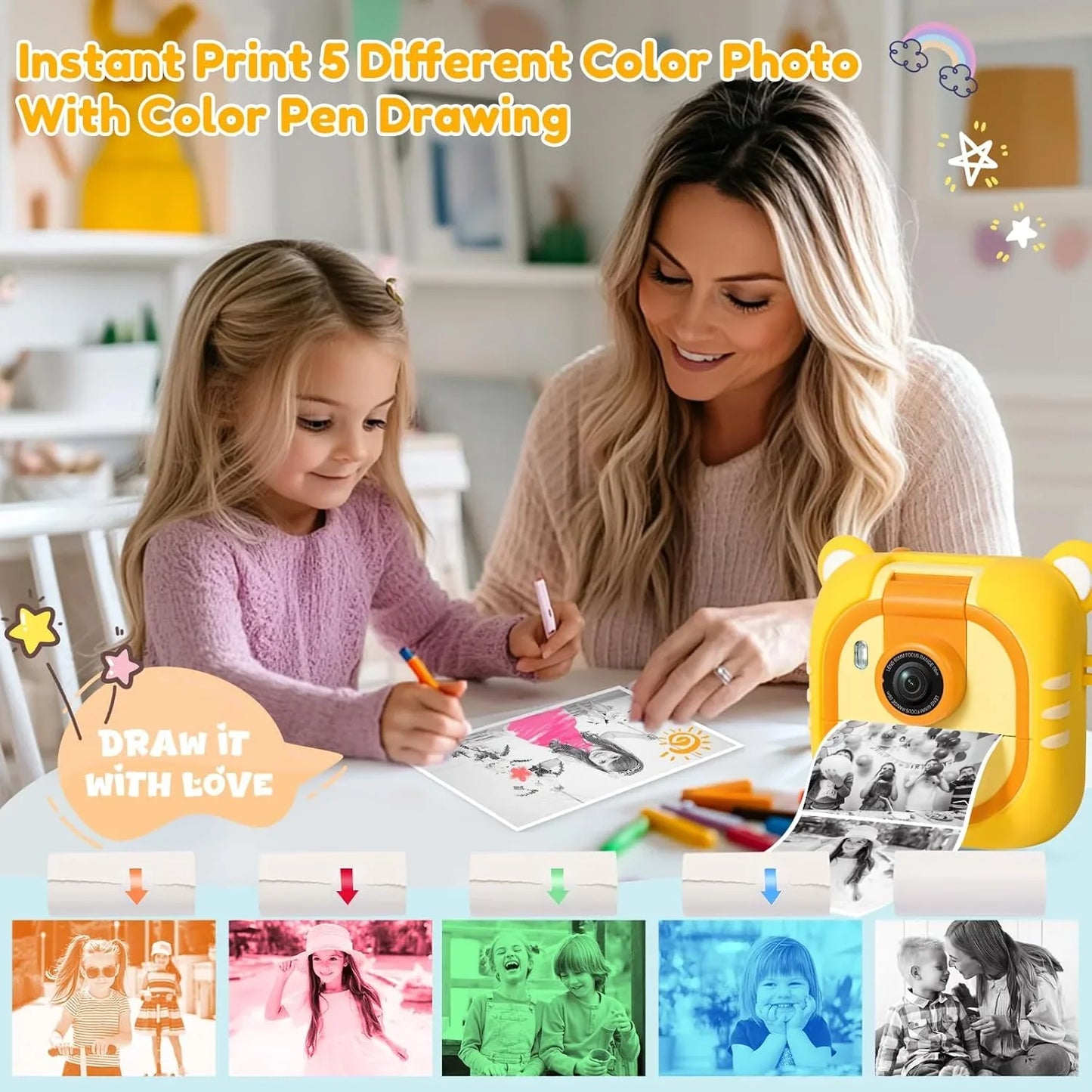 Instant Print Kids Camera – 48MP 1080P Video Toy with Rotating Lens & 6 Rolls - Yellow