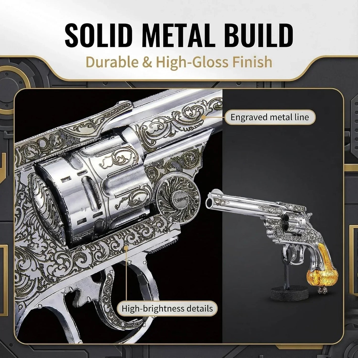 Piececool 3D Metal Puzzle Revolver Model Kit – 90 Pieces – Difficulty Level 3 – Stainless Steel DIY Display Model- Age 16+