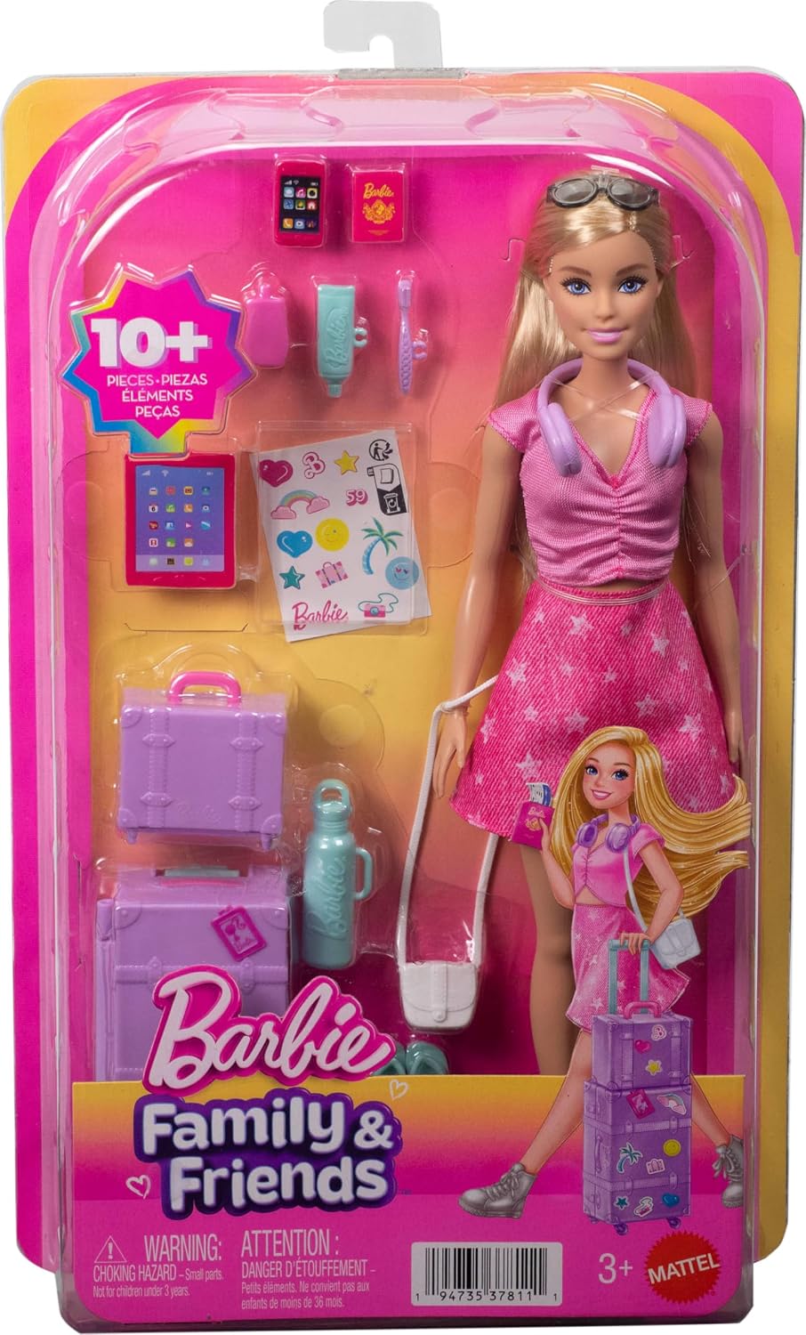 Barbie Family & Friends Travel Doll with Suitcase & Accessories 11 Inch | Blonde Fashion Doll with 10+ Travel-Themed Accessories