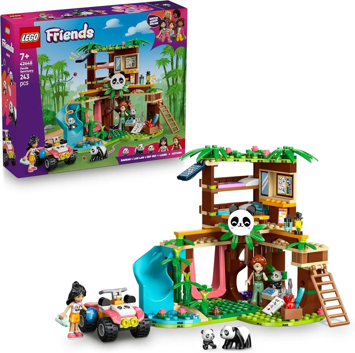 LEGO Friends 42648 Panda Sanctuary Animal Care Toy with a Tree House, Quad Bike, 2 Mini Dolls and 3 Panda Figures - Creative Building Set for 7+ Year Old Girls