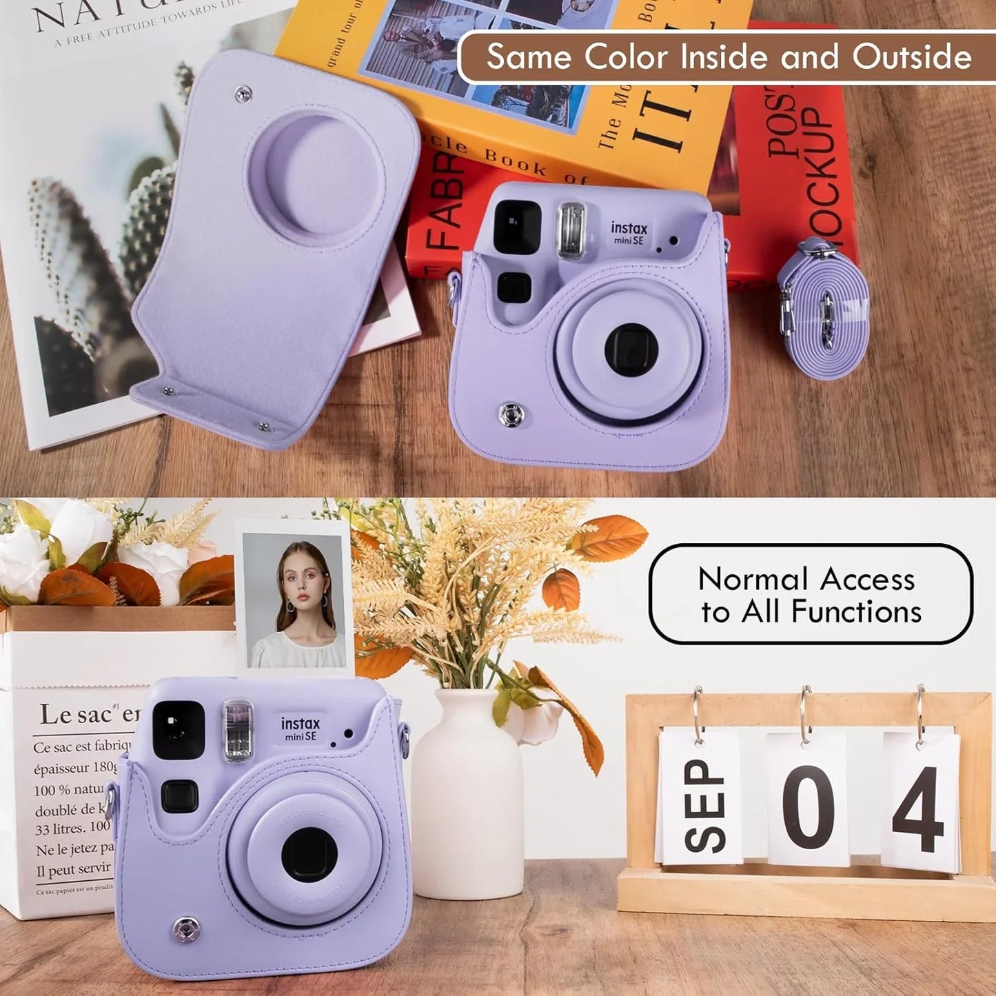 PU Leather Camera Case for Instax Mini SE – Protective Pouch with Adjustable Shoulder Strap - Purple - Jaiman Toys