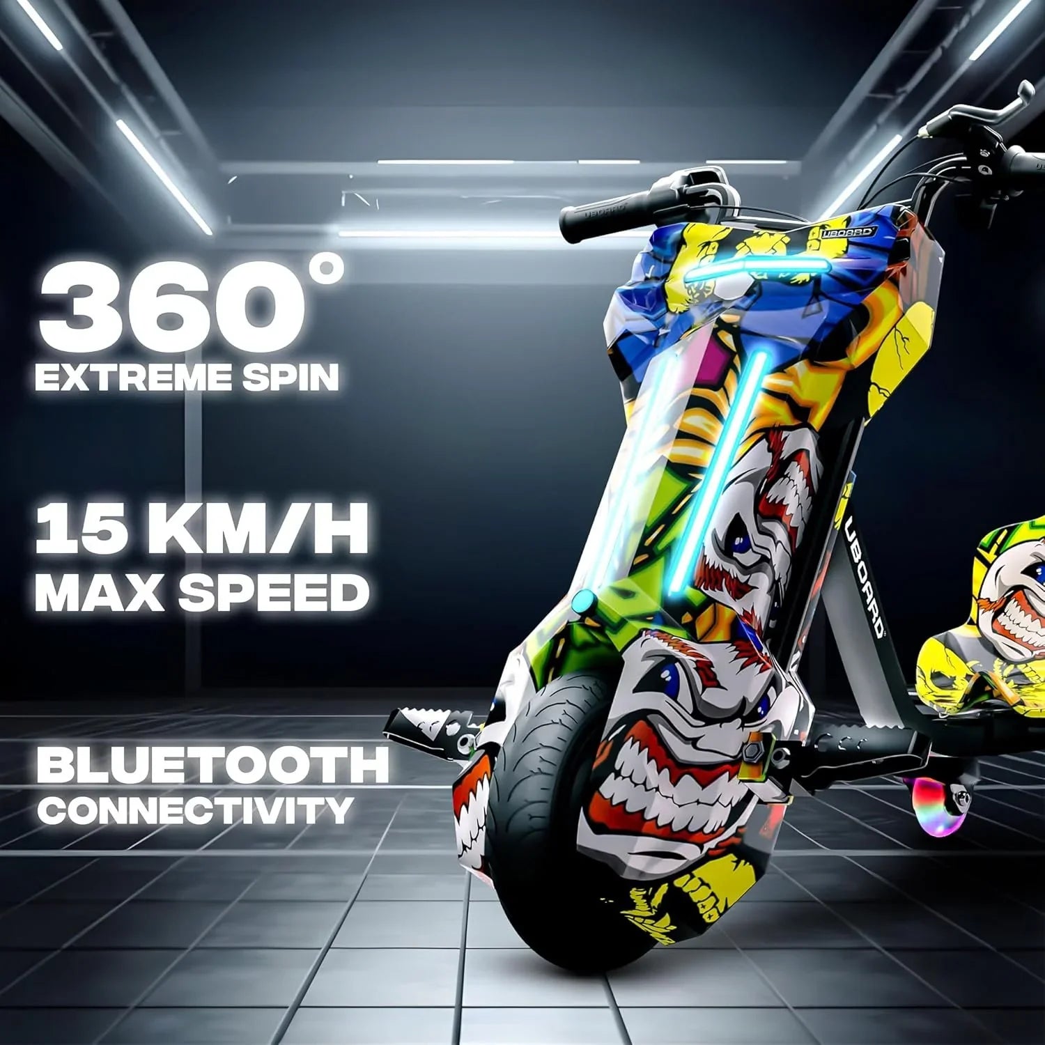 Uboard Multicolored 3-Wheel Drifter for Kids 6+: LED Lights, Bluetooth, Front Disc Brakes - Jaiman Toys