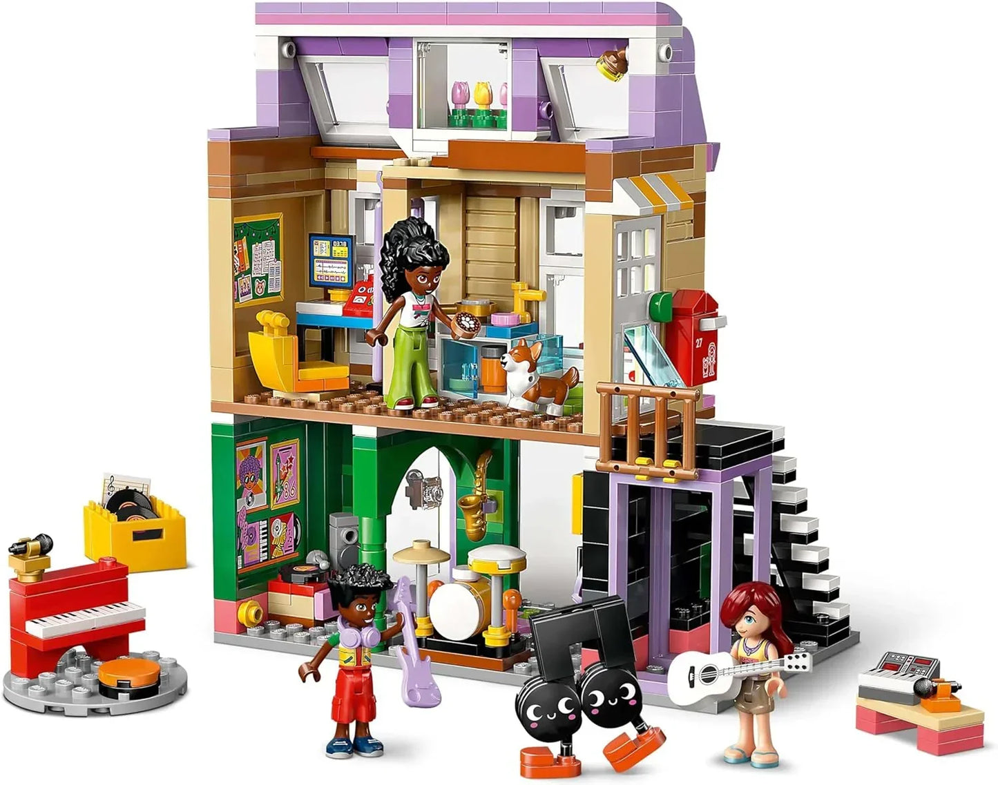 LEGO Friends 42653 Music Shop & Apartment Toy with 3 Mini Dolls, a Pet Corgi Animal Figure & Musical Instruments incl. a Piano, Drum Kit, Guitars & Accessories - Gift for 7+ Year Old Girls