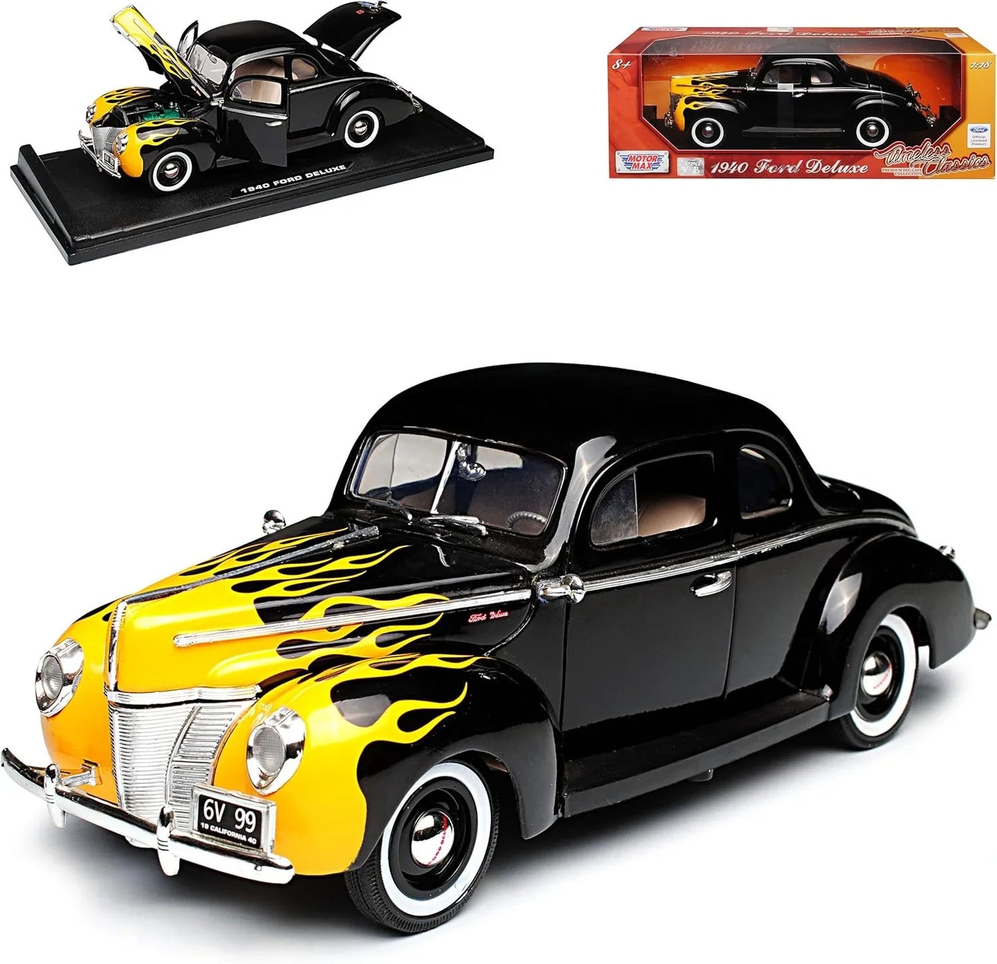 Motor Max 1:18 1940 Ford Deluxe Hardtop – Black with Yellow Flames Diecast Model Car