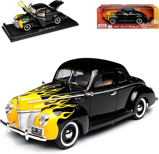 Motor Max 1:18 1940 Ford Deluxe Hardtop – Black with Yellow Flames Diecast Model Car