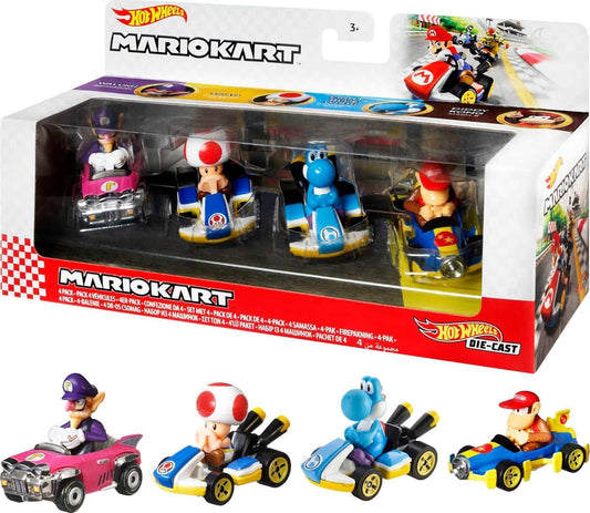 Hot Wheels GXX98 - Mario Kart Vehicle (4-Pack), Set of 4 Popular Figures, Including 1 Exclusive Model, Toy from 3 Years
