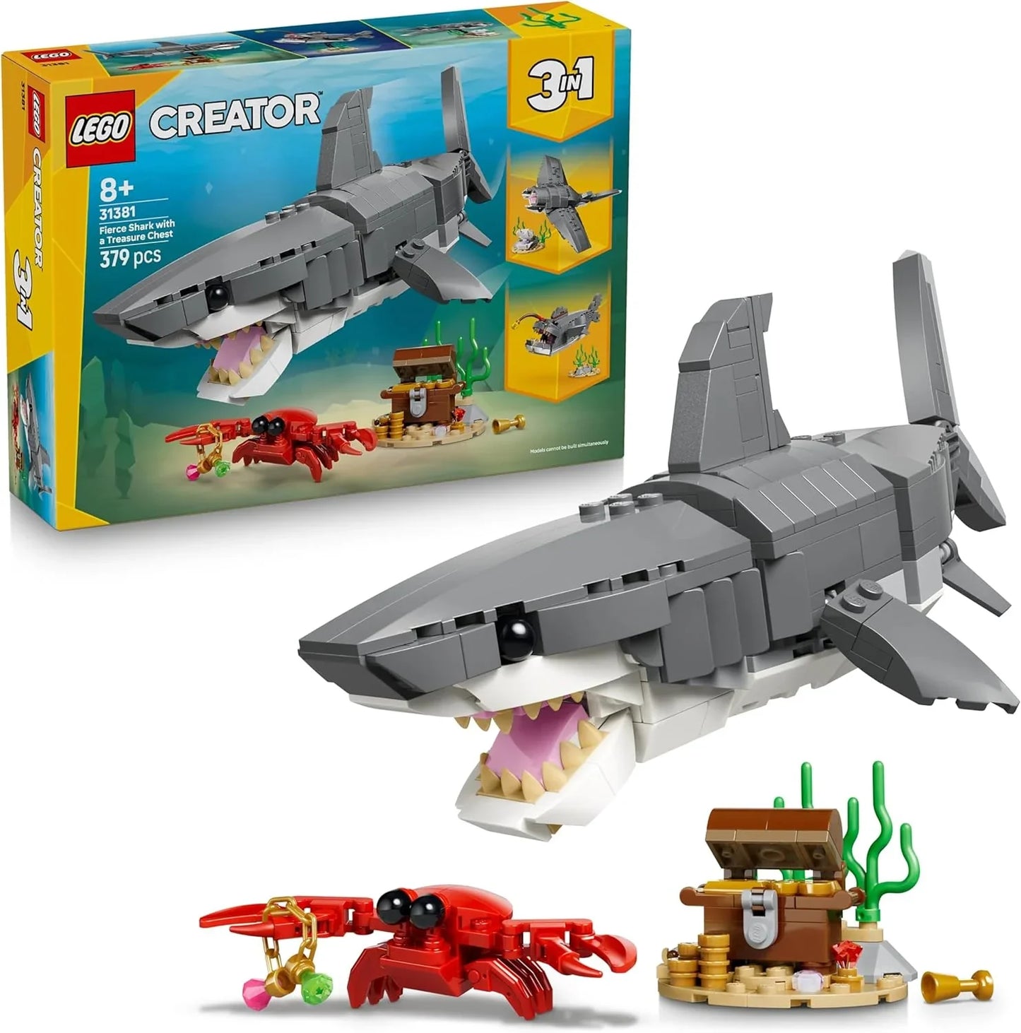 LEGO Creator 31381 3in1 Fierce Shark with a Treasure Chest Toy - Sea Animal Figure Transforms into an Anglerfish or Manta Ray - Room Decor Idea - Gift for 8+ Year Old Boys & Girls