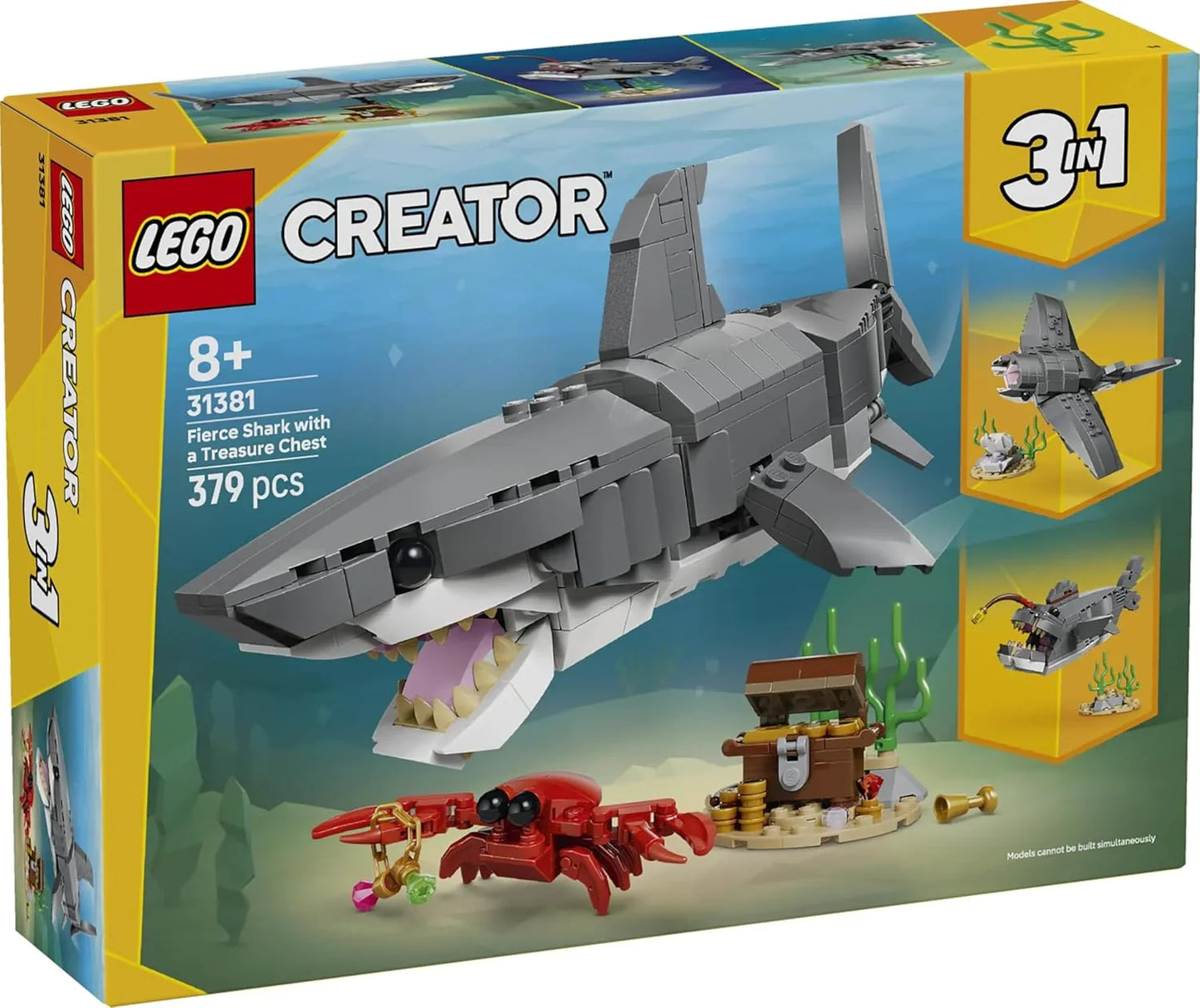 LEGO Creator 31381 3in1 Fierce Shark with a Treasure Chest Toy - Sea Animal Figure Transforms into an Anglerfish or Manta Ray - Room Decor Idea - Gift for 8+ Year Old Boys & Girls
