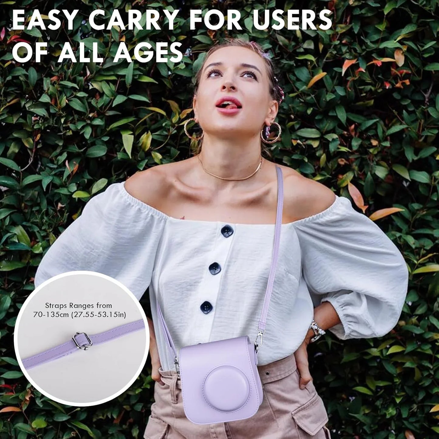 PU Leather Camera Case for Instax Mini SE – Protective Pouch with Adjustable Shoulder Strap - Purple - Jaiman Toys