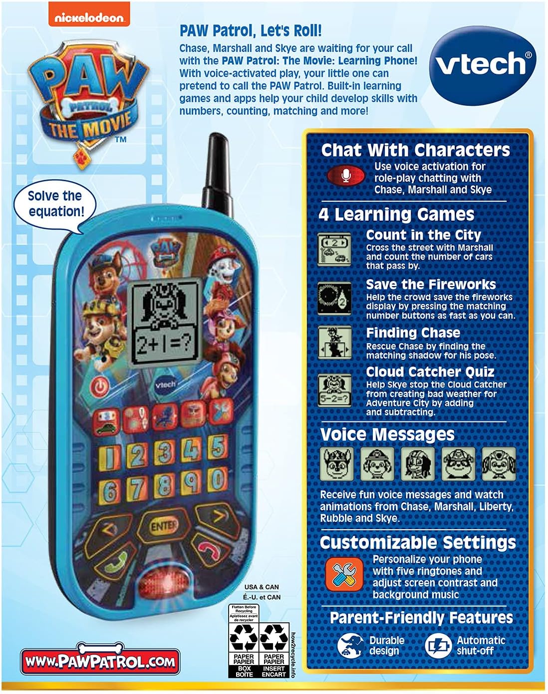 VTech PAW Patrol: The Movie Learning Phone, Blue | Interactive Educational Toy Phone with Voice Chat, 4 Learning Activities & Character Buttons for Kids