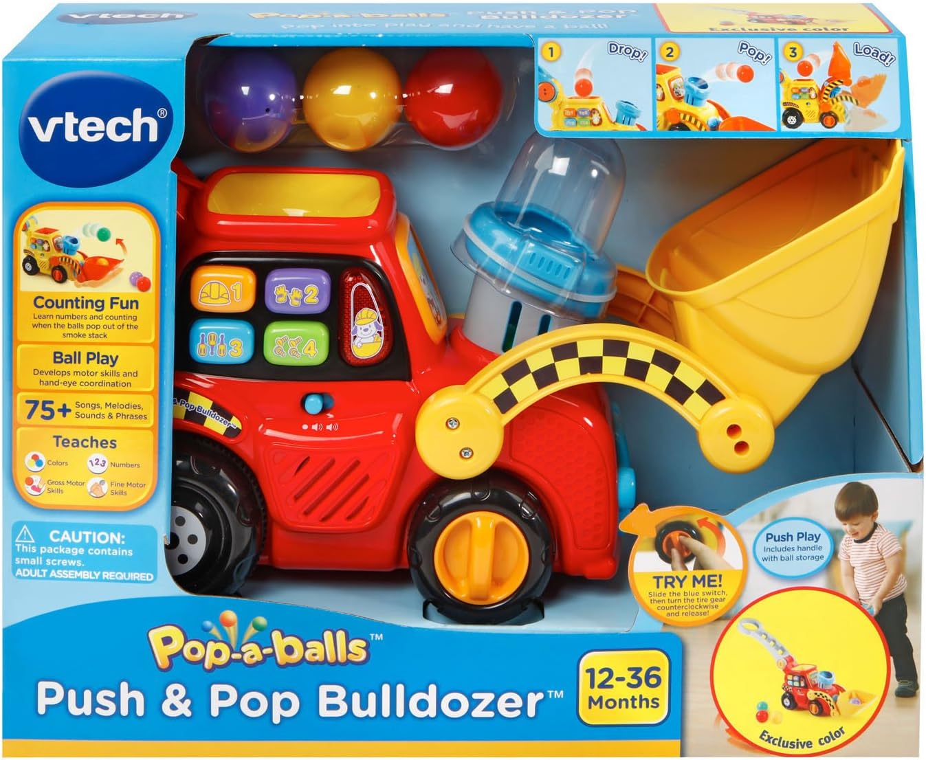 VTech Pop-a-Balls Push & Pop Bulldozer Red | Interactive Push-Along Construction Toy with Balls, Lights & Sounds for Toddlers