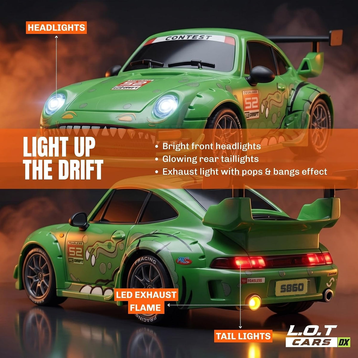 Zipp Remote Control Car | 20 km/h 2.4GHz RC Drift Car | 4x4 Drifting Car with 100m Remote Range | Multi-Mode LED Lights | Rexy Green