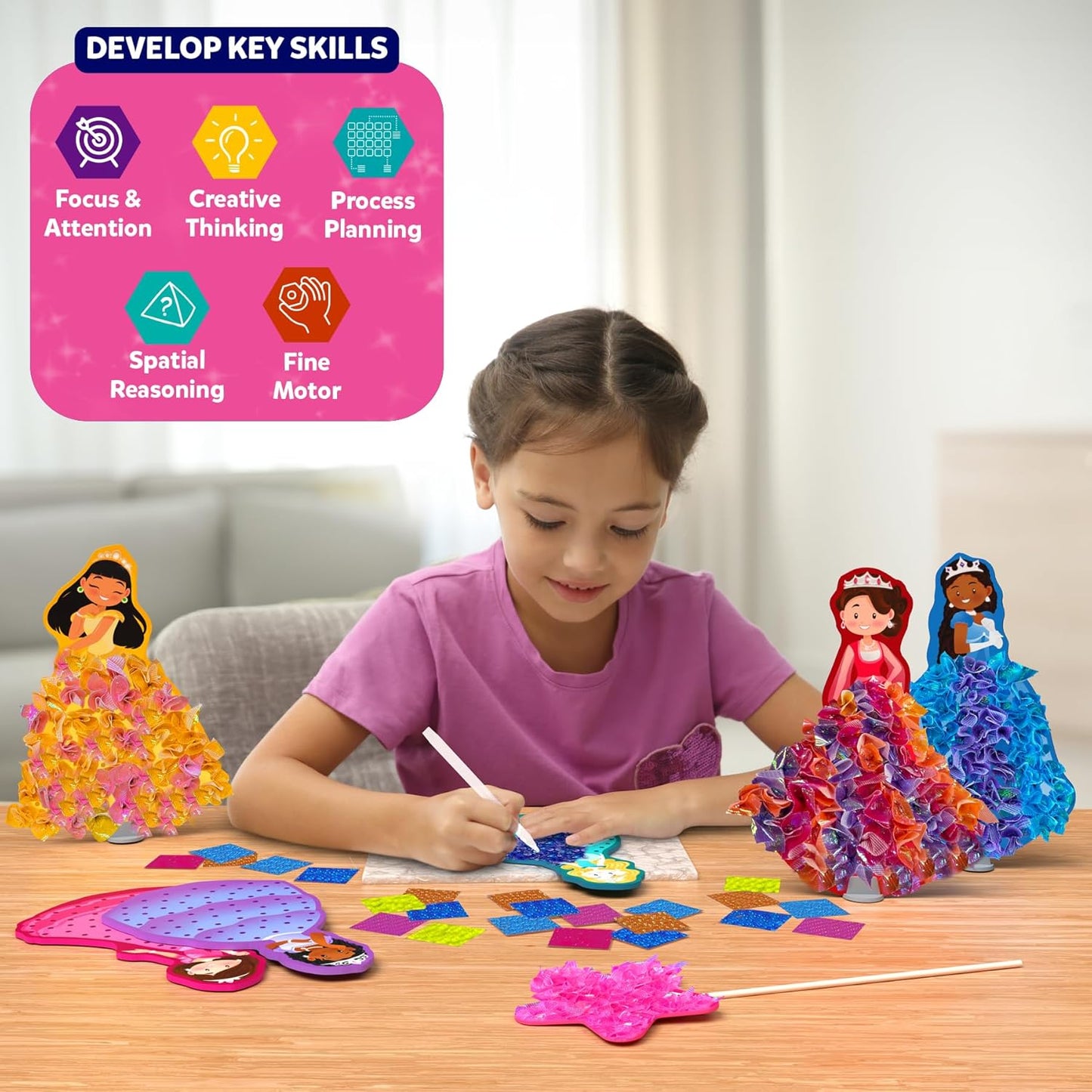 Skillmatics Art & Craft Activity - Poke-in Art Magical Princesses, Mess-Free Art for Kids, DIY Craft Kits, Creative Activity, Fine Motor Skills, Gifts for Girls & Boys Ages 4, 5, 6, 7, 8, 9