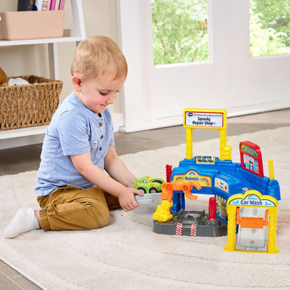 VTech Go! Go! Smart Wheels Speedy Repair Shop | Interactive Vehicle Garage Playset with SmartPoint Car, Car Wash & Repair Station for Toddlers