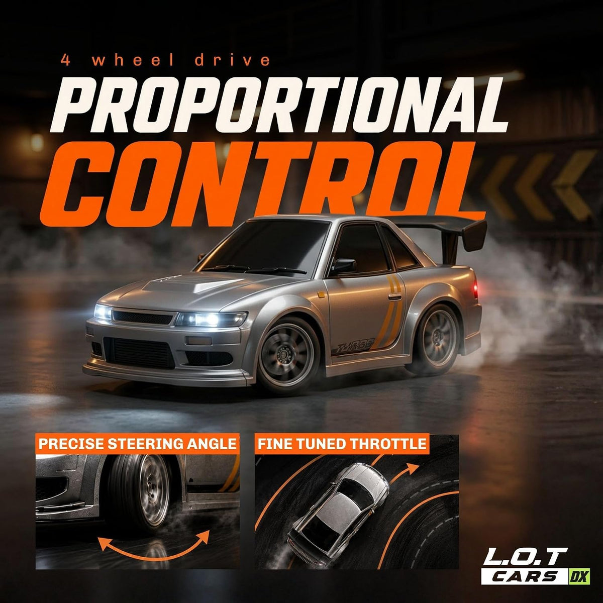 Zipp Remote Control Car | 20 km/h 2.4GHz RC Drift Car | 4x4 Drifting Car with 100m Remote Range | Multi-Mode LED & Special Exhaust Lights | Turbo Grey