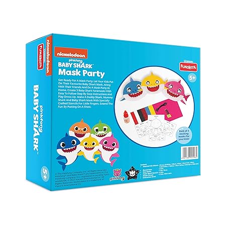 Funskool Handycrafts Baby Shark Mask Making Kit for Kids | DIY Make Your Own 3 Soft Baby Shark Masks | Creative Art & Craft Activity Set | Baby Shark Birthday Party Supplies, Games & Activities | Craft Kit for Boys & Girls Ages