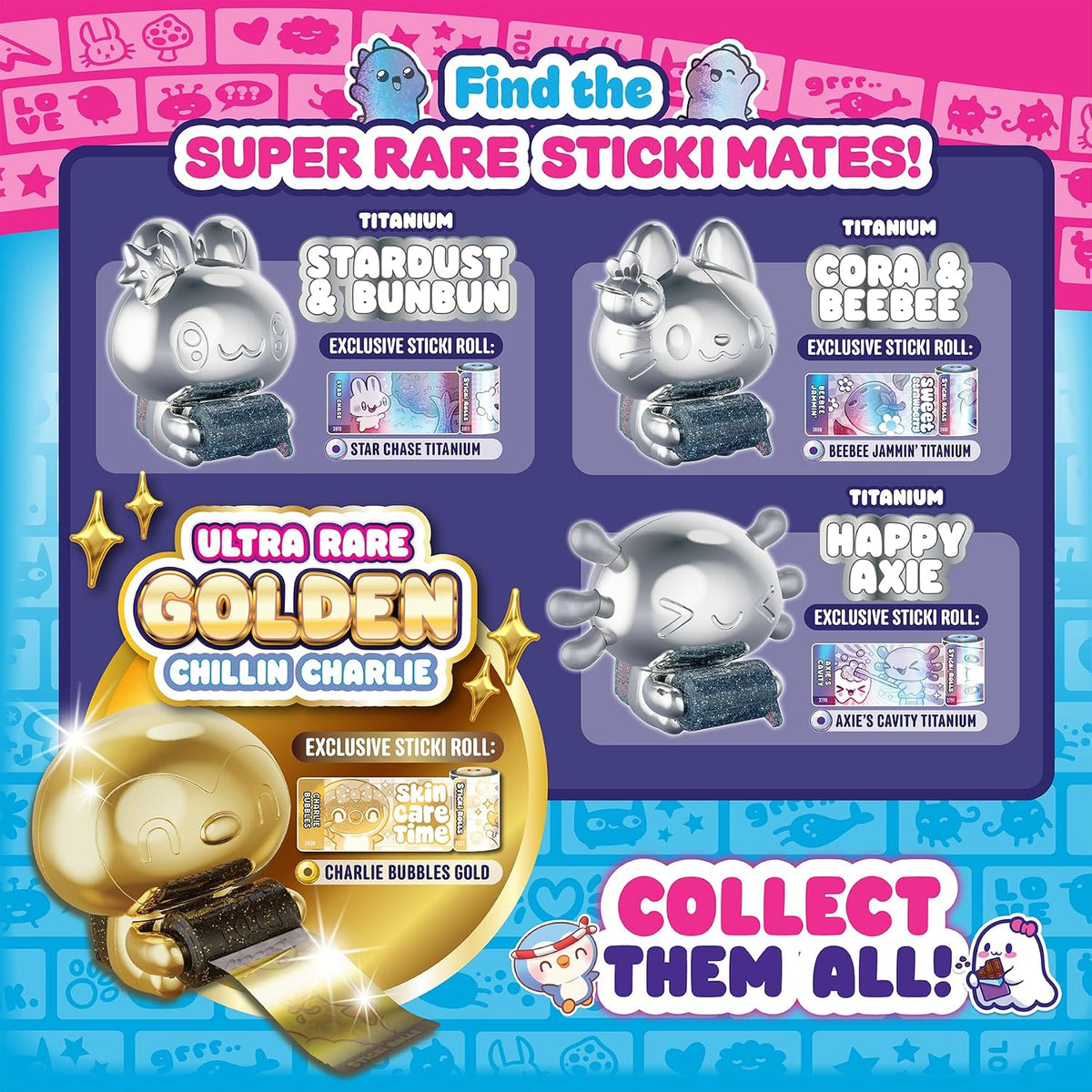 STICKI ROLLS Sticki Mates Blind Box Charm – Collectible Sticker Dispenser | Mystery Collectible, 5 Sticki Rolls, 50 Holographic Stickers, Built-In Sticker...
