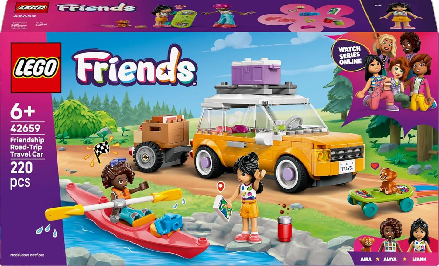 LEGO Friends 42659 Friendship Road-Trip Travel Car Toy with Trailer, 2 Mini Dolls, a Pet Dog Figure, Kayak & Fun Accessories incl. a Skateboard & Roller Skates - Building Set for 6+ Year Old Girls