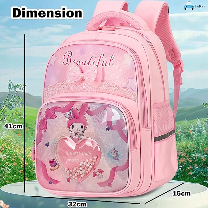 Stylish School Backpack for Girls – Cartoon Print Water-Resistant School Bag for Kids 8–12 Years (41 x 32 x 15 cm)