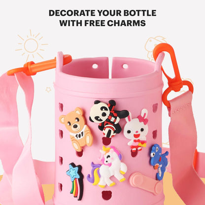 Kids Insulated Stainless Steel Water Bottle with Carry Pouch – Leakproof School Bottle with Shoulder Strap (Unicorn Design)
