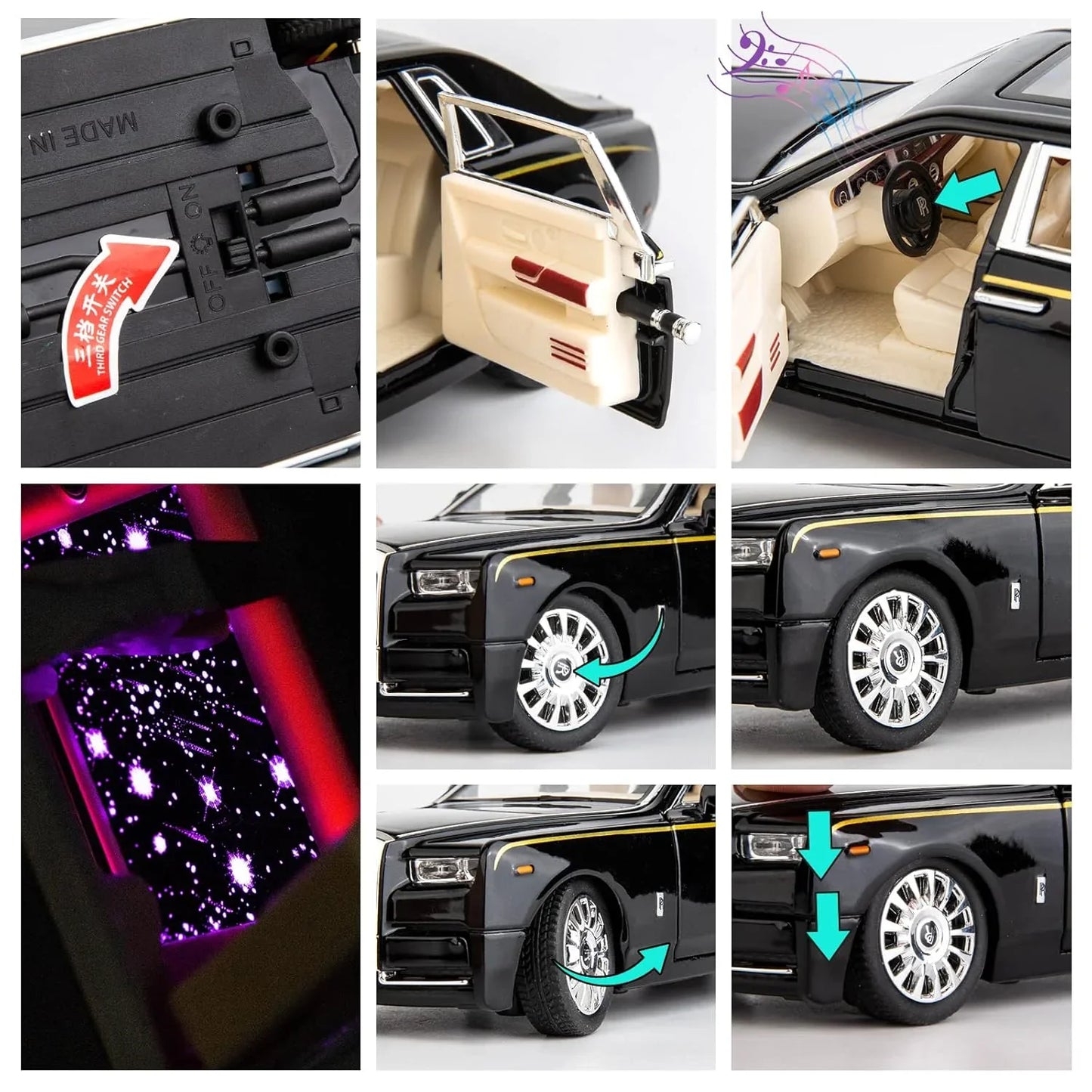 Che-ZHI  1:24 Scale Rolls-Royce Phantom Die-Cast Black Model with Lights and Sounds