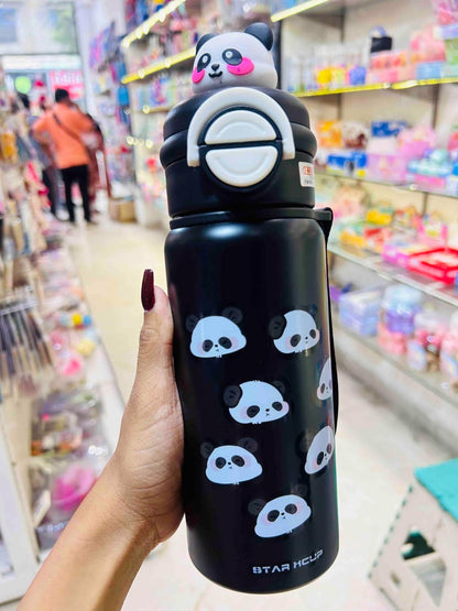 Panda Kids Water Bottle 500ML with Straw Lid – Leakproof Cartoon School Water Bottle for Children (Black)