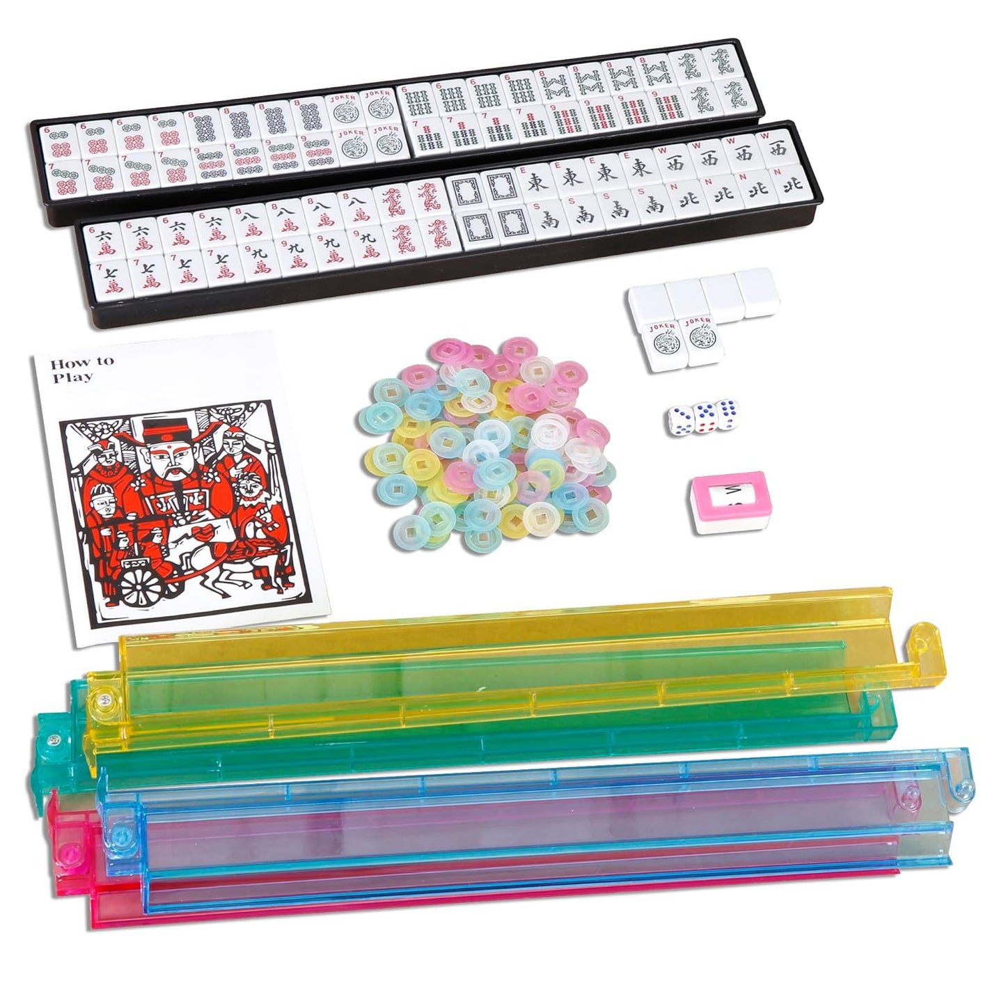 American Mahjong Set – 166 Tiles Complete Mah Jongg Game with 4 Color All-in-One Rack Pushers, Red Soft Carry Bag & Accessories | Classic Full Size Mahjong Tile Set