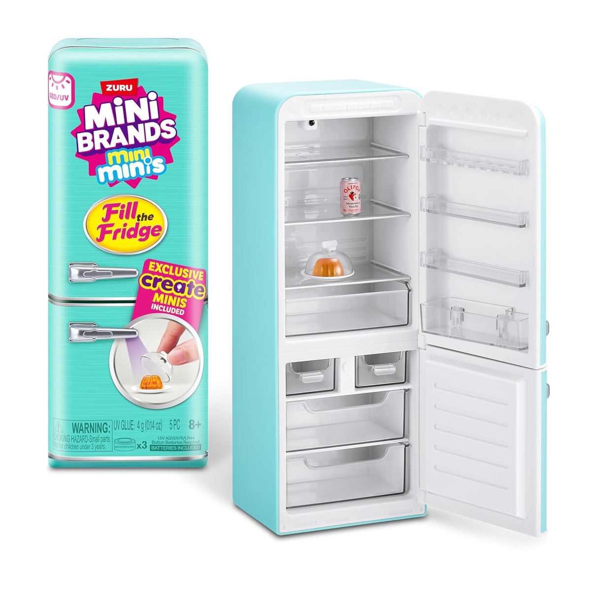 Mini Brands Fill The Fridge Season 1 Playset + 2 Mini Brands Capsules | Mini Grocery Fridge with Mini Food & Drink Collectibles | Toy Playset for Kids Ages 5+-Blue