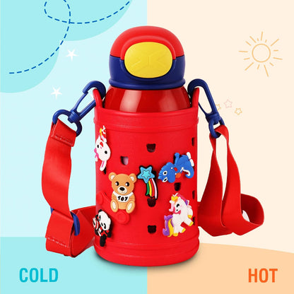 Kids Insulated Stainless Steel Water Bottle with Carry Pouch – Leakproof School Bottle with Shoulder Strap (Cartoon Animal Design)