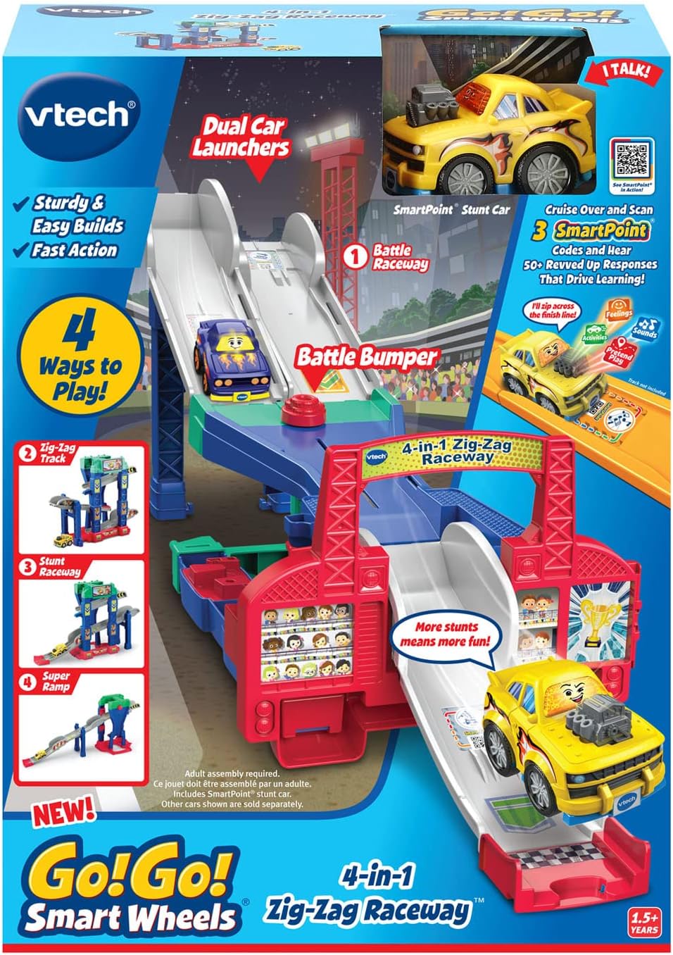 VTech Go! Go! Smart Wheels 4-in-1 Zig-Zag Raceway | Interactive Multi-Level Raceway Playset with SmartPoint® Vehicle, Lights, Sounds & 4 Track Configurations