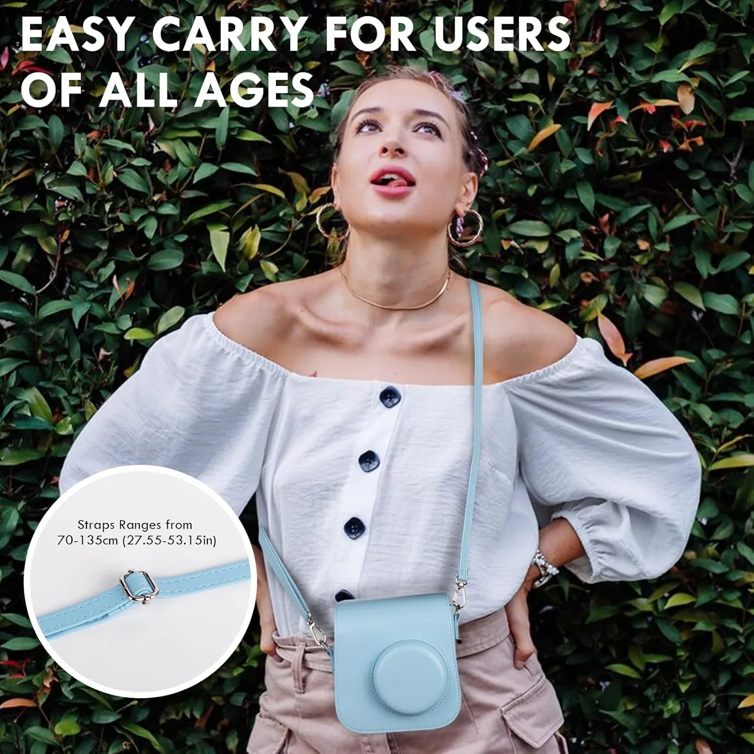 PU Leather Camera Case for Instax Mini SE – Protective Pouch with Adjustable Shoulder Strap - Blue - Jaiman Toys