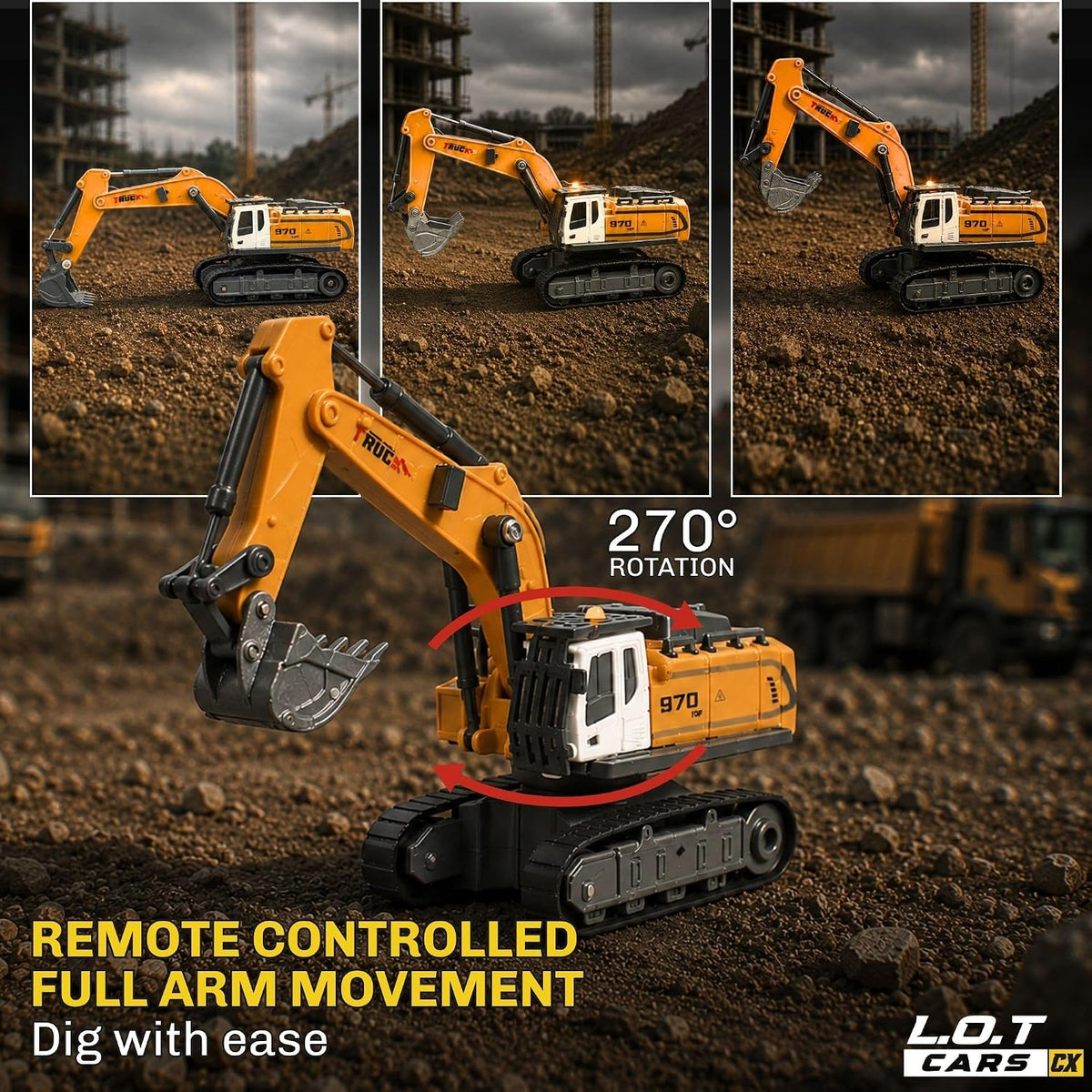L.O.T Cars 1:64 Scale Remote Control RC Excavator | RIFT Construction Digger Toy with Moving Arm & Bucket | Rechargeable Engineering Vehicle for Kids