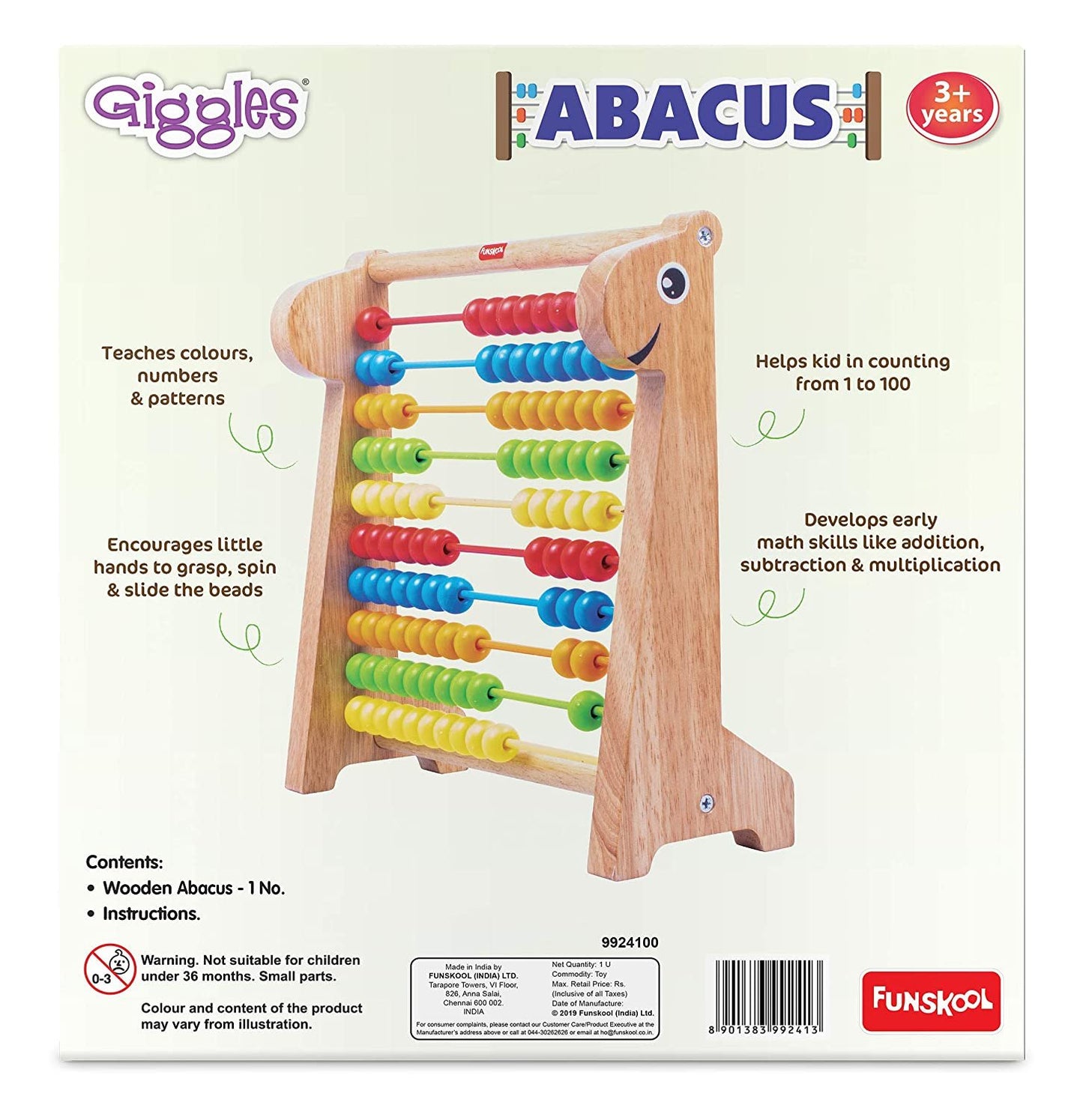 Giggles - Abacus, Multicolour Wooden Educational Toy, Early Math Skills, 3 Years &amp; Above, Preschool Toys (1 pieces)