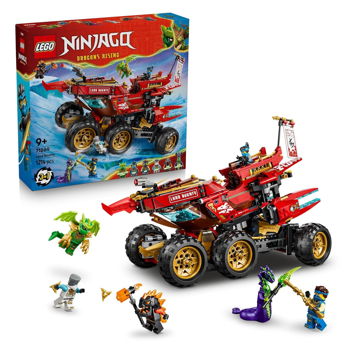 LEGO NINJAGO Land Bounty 71869 – 3-in-1 Ninja Vehicle Building Set with 6 Minifigures (1,214 Pieces, Ages 9+)