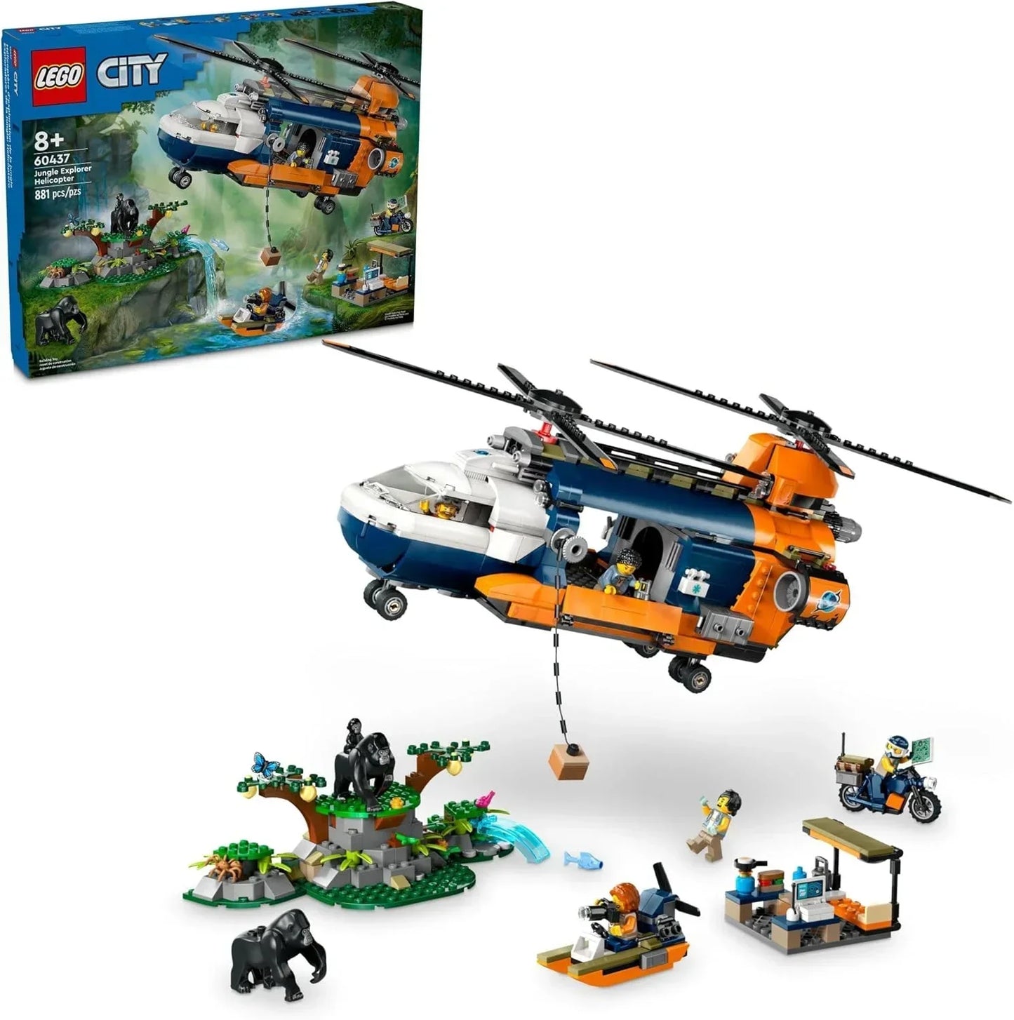 LEGO City 60437 Jungle Explorer Helicopter at Base Camp Building Toy, Comes with 5 Minifigures and 3 Gorilla Toy Figures, Adventure Playset for Kids Ages 8 and Up, Birthday Gift for Kids
