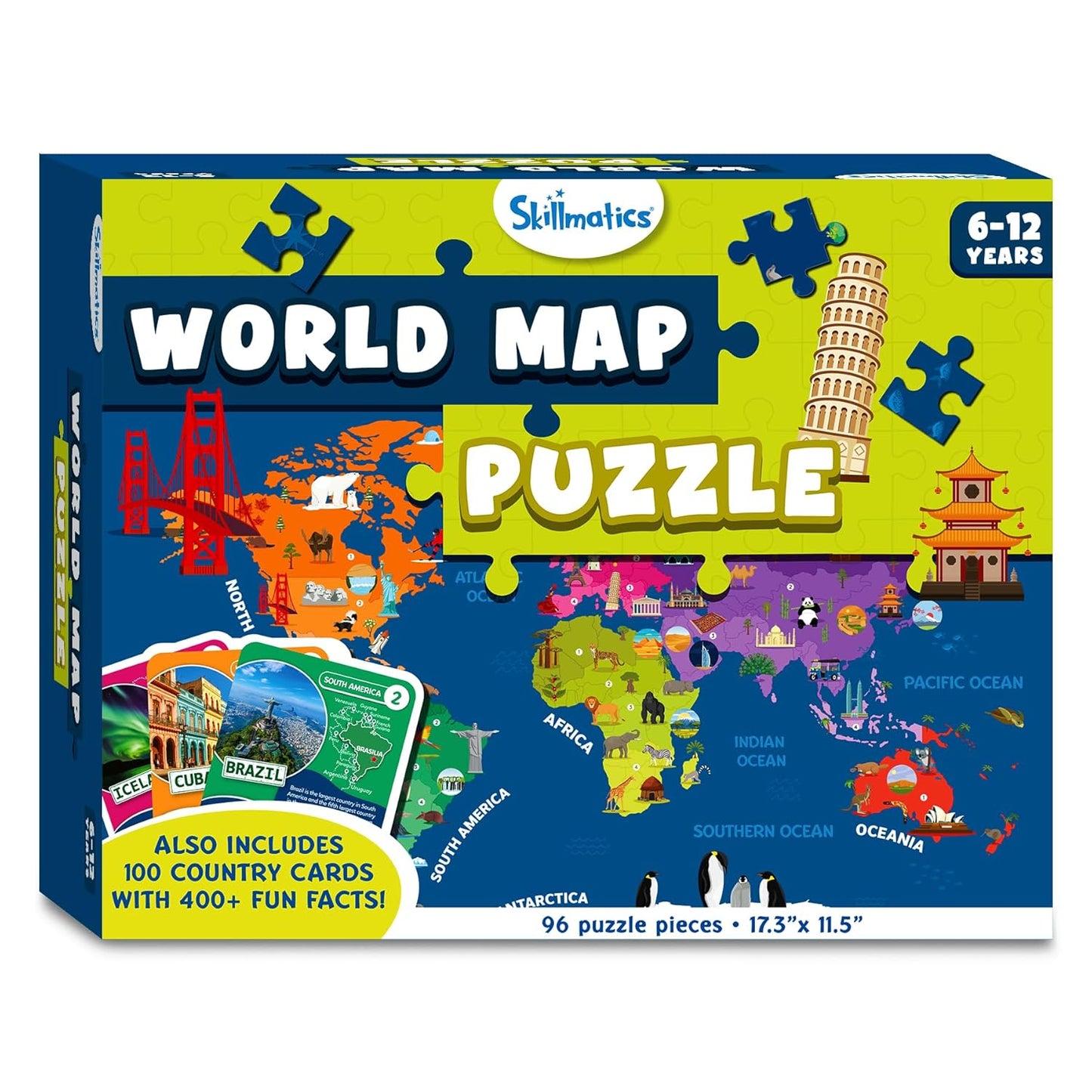 Skillmatics World Map Puzzle - 96 Piece Jigsaw Puzzle, Educational Toy, Geography for Kids, 400+ Facts, Gifts for Boys & Girls Ages 6 to 12