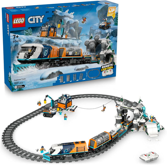 LEGO City 60470 Explorers’ Arctic Polar Express Train Set - Incl. a Remote-Controlled Train Toy, Snowplough, 22 Track Pieces & 6 Minifigures, Plus a Rockfall Function - Gift for 7+ Year Old Boys