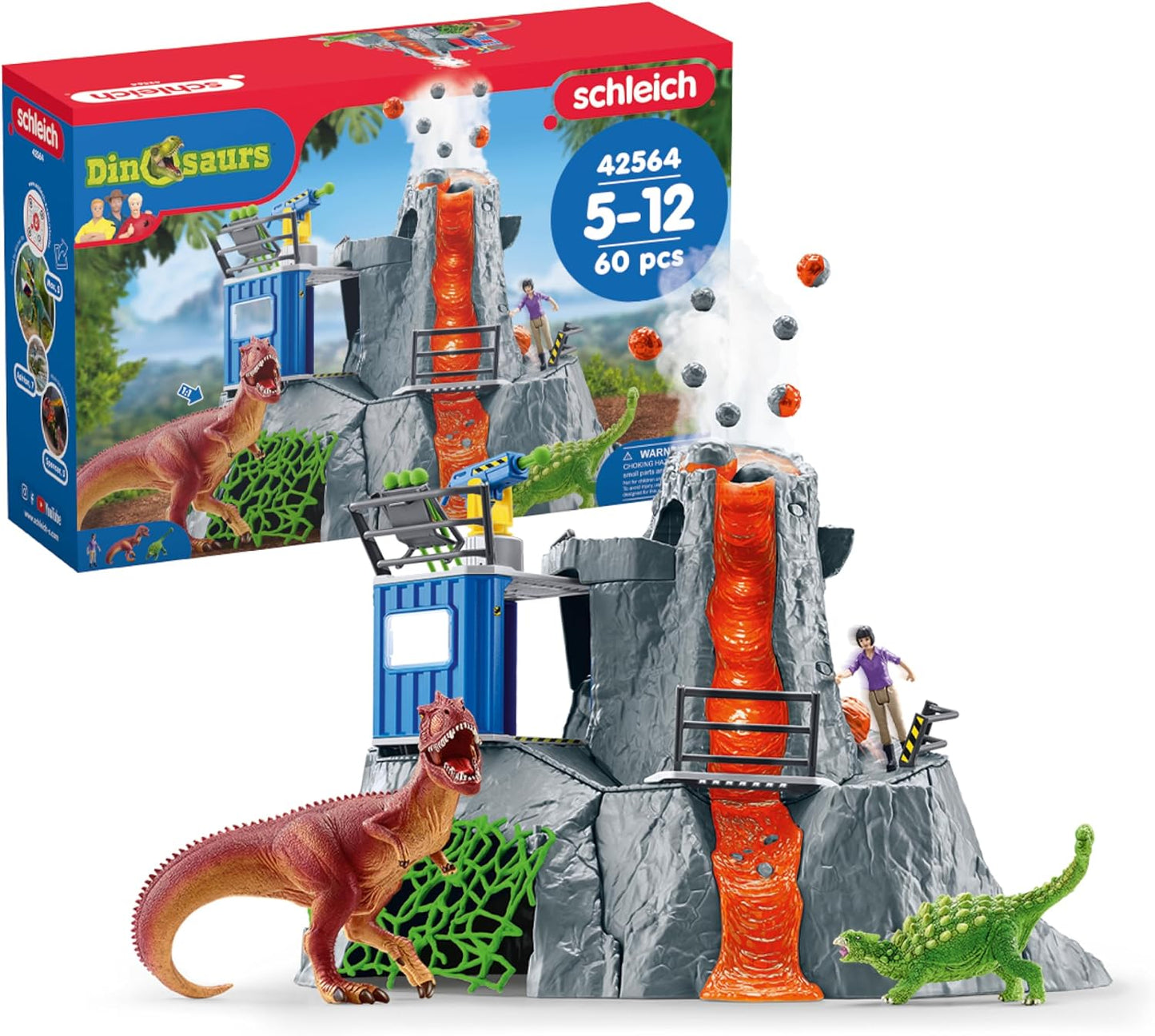 Schleich Dinosaurs - 60PC Volcano Expedition Base Camp Playset - Dinosaur Toy Playset with LED, Smoke Erupting, Dino Figurines for Boys and Girls - Interactive for Kids Ages 5+ | 42564