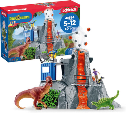 Schleich Dinosaurs - 60PC Volcano Expedition Base Camp Playset - Dinosaur Toy Playset with LED, Smoke Erupting, Dino Figurines for Boys and Girls - Interactive for Kids Ages 5+ | 42564