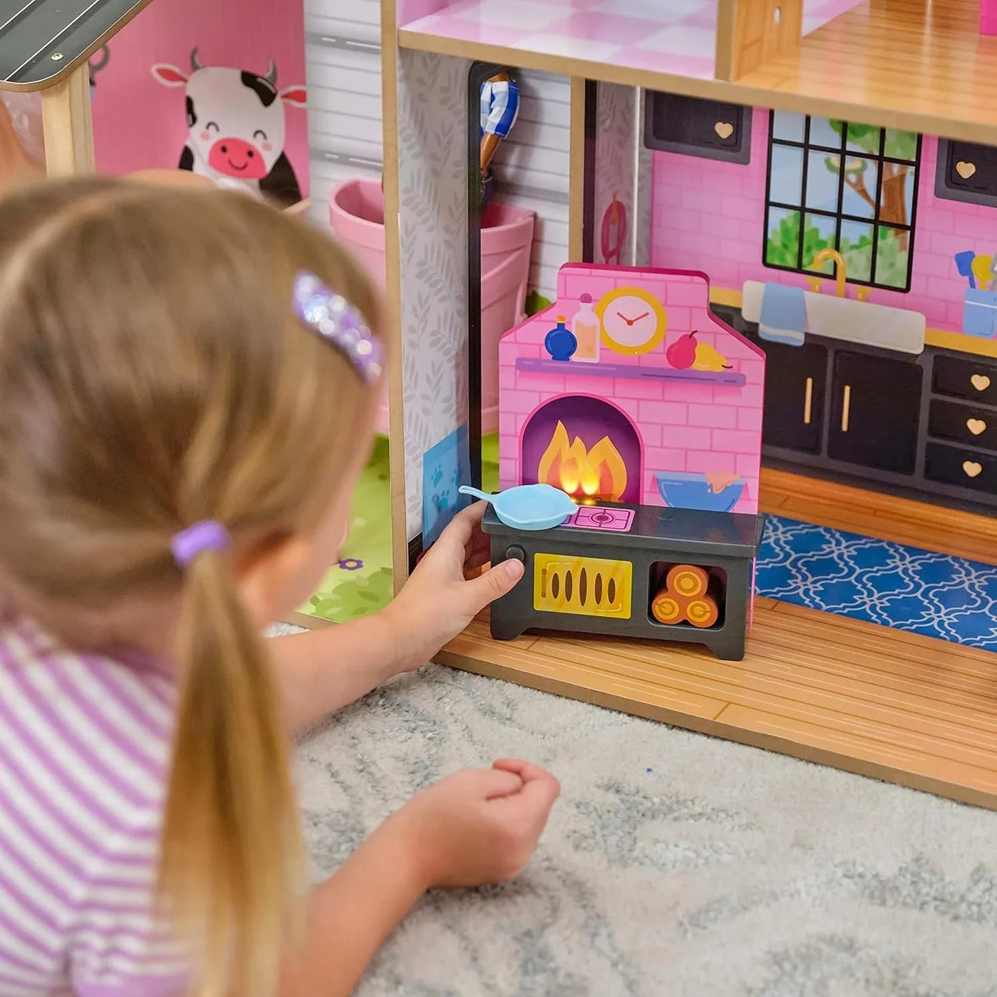 Windmill Elevator 2-in-1 Wooden Barn & Dollhouse with Horse and Lights & Sounds, Over 3 Feet Tall, Pink