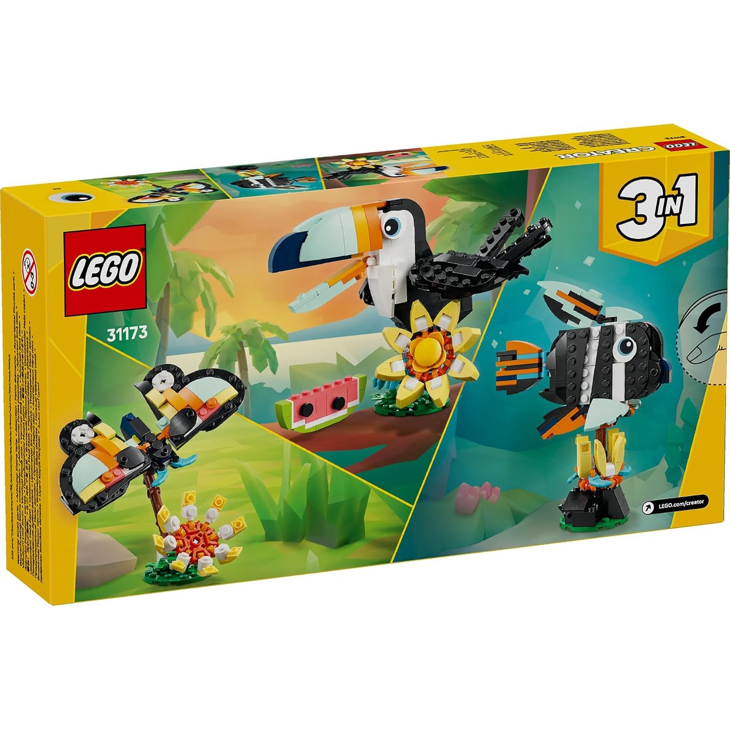 LEGO 31173 Creator 3-in-1 Tropical Toucan  Wild Animals Buildable Toucan, Butterfly & Fish, 225 Pieces