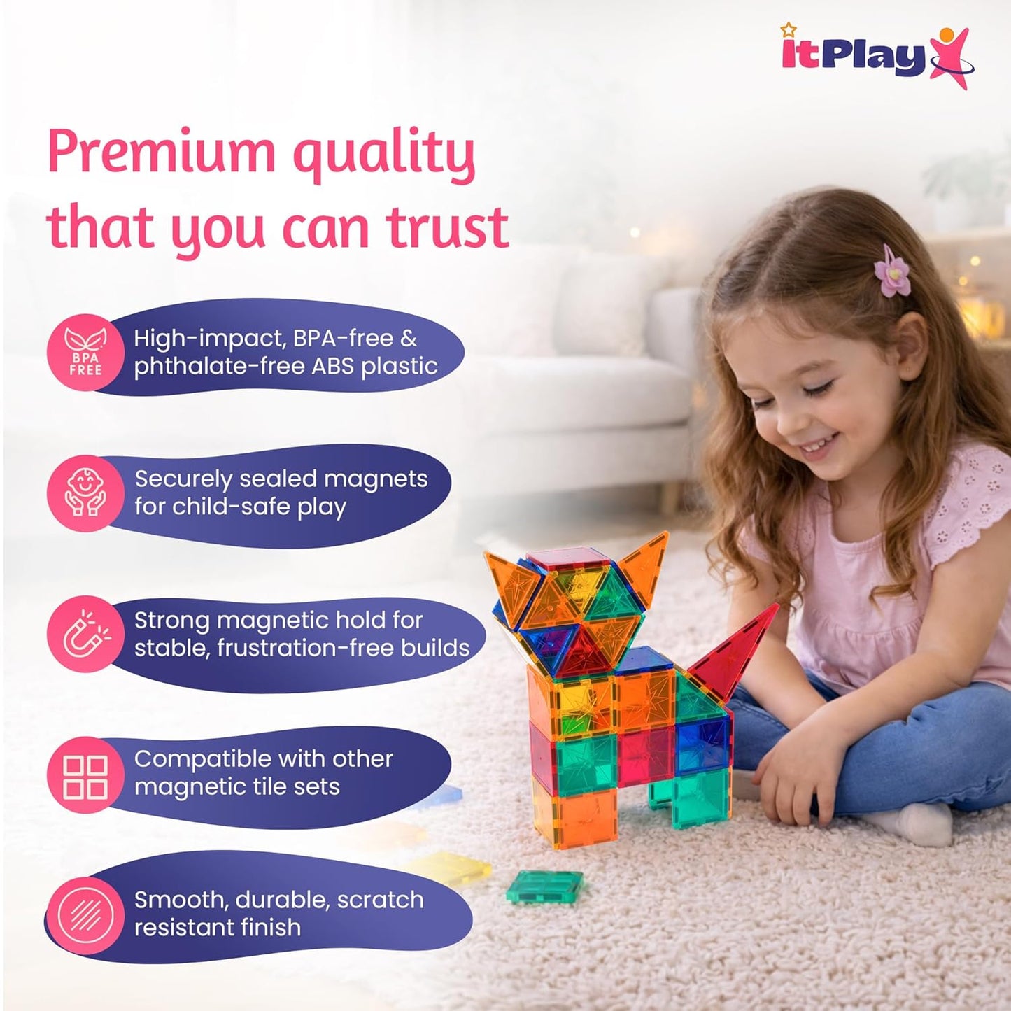 ItPlay Magnetic Tiles 59 Pieces Set for Kids | STEM Educational Magnetic Building Blocks Construction Toy