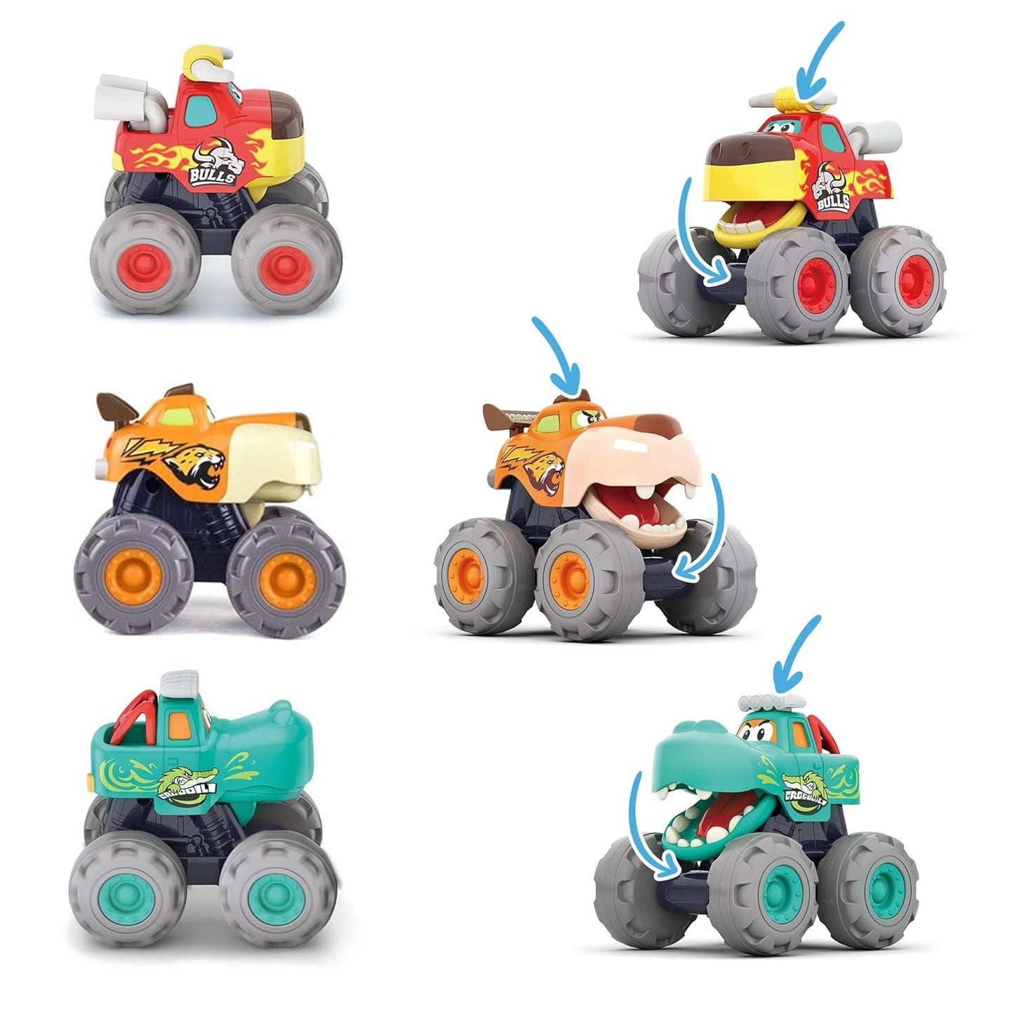 Hola Monster Trucks Toy Set – 3 Cartoon Push & Go Trucks for Toddlers (Pull-Back, Friction Powered, 12–60 Months)