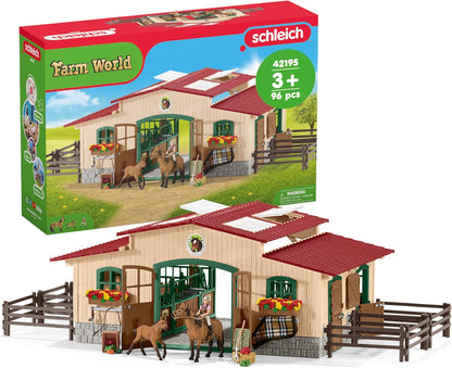 Schleich Farm World - 43PC Stable Playset with Horse Figurines -  Kids 3+ | 42195 | Farm Animal Figurine, Realistic Animal Toys, Barn Toy for Kids 3+, Montessori