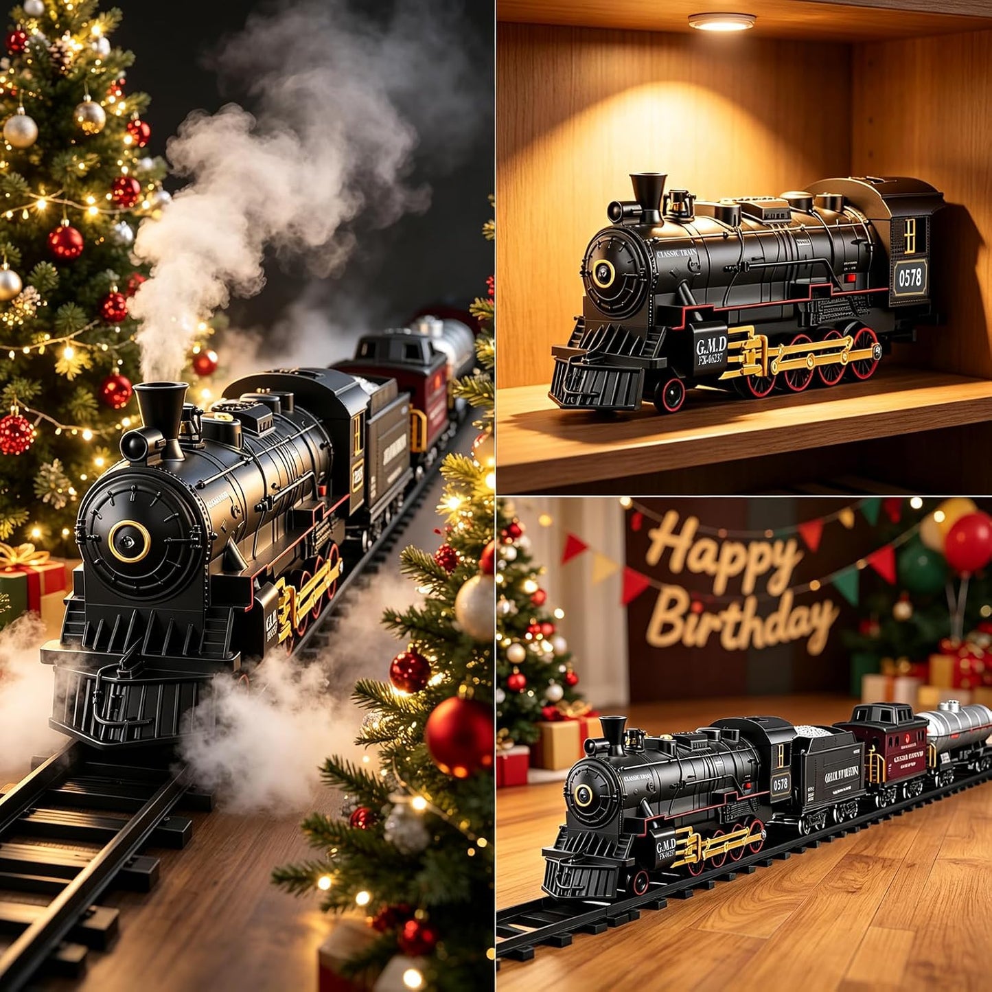 Classic Steam Train Set with Remote Control, Smoke, Whistle & Lights | Rechargeable Railway Toy with Cargo Cars & Tracks